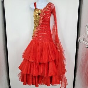 Red Gold Sequin Rhinestone Ballroom Latin Dance Dress One Sleeve Ruffle Medium